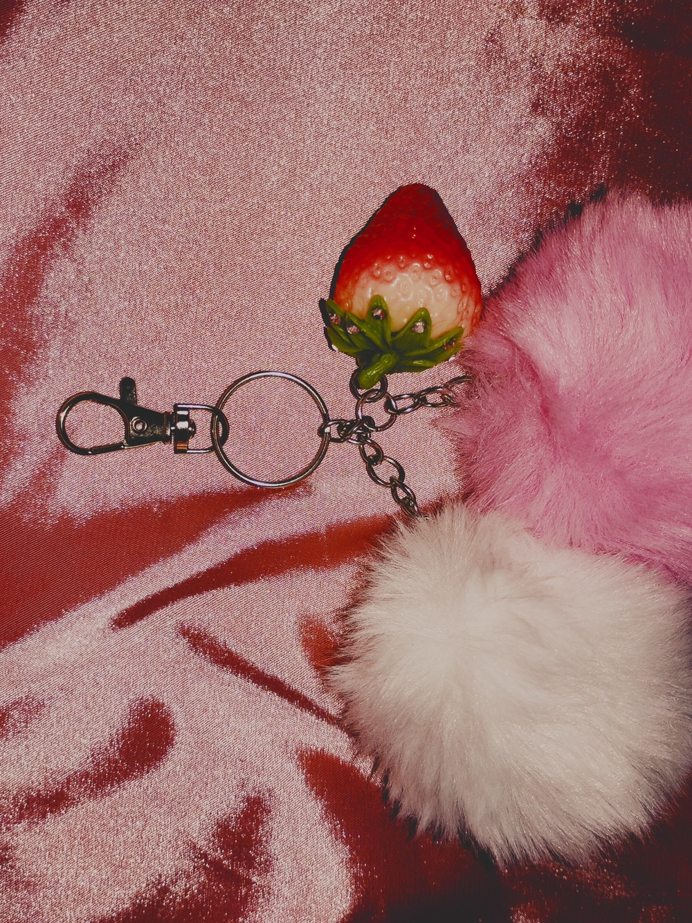 Pink Faux Fur Pom Pom Keychain with Strawberry Charm